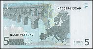 European Union, European Central Bank, Pick 1n.2. 5 Euro, 2002 AD. Printer: Oesterreichische Nationalbank, Austria, F002E4-N45019****** Reverse 