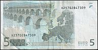 European Union, European Central Bank, Pick 8x.1. 5 Euro, 2009 AD. Printer: Giesecke & Devrient, Germany, P013H6-X25702847309 Reverse 