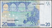 European Union, European Central Bank, Pick 10x.1. 20 Euro, 2002 AD., Printer: Giesecke & Devrient, Germany, P015H3-X30210480992 Reverse