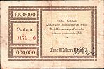 1923 AD., Germany, Weimar Republic, Gross-Wartenberg, Kreis, Notgeld, currency issue, 1.000.000 Mark, Keller 1973a. 01721 Reverse