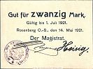 1921 AD., Germany, Weimar Republic, Rosenberg in Oberschlesien, Magistrat, Notgeld, currency issue, 20 Mark, Tieste 05.01. Obverse