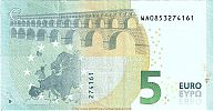 European Union, European Central Bank, Pick 20w. 5 Euro, 2017-2018 AD. Printer: Giesecke & Devrient, Leipzig, Germany, WA0853274161-W001F2 Reverse